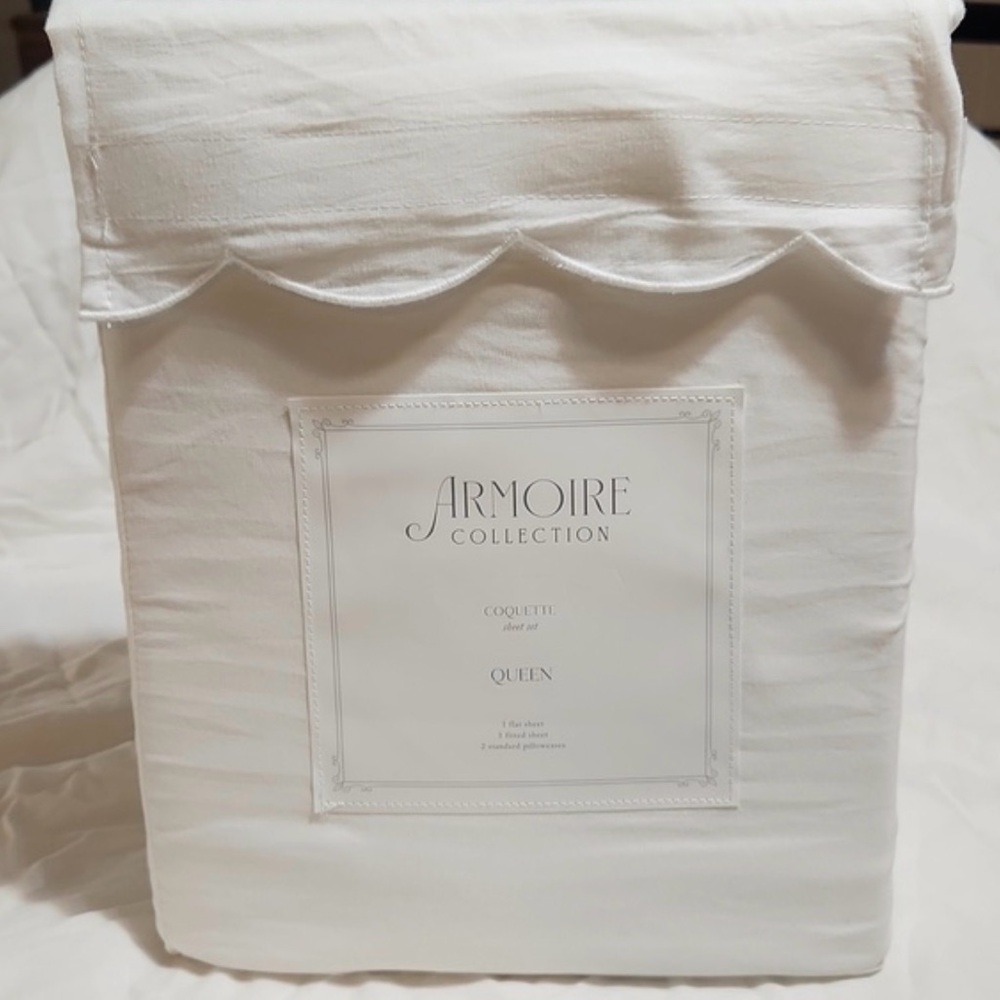 Armoire Collection Coquette Queen Sheet Set White Vintage Inspired Scalloped